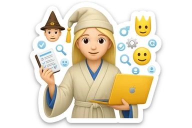 Create an emoji style image of a wizard in a white cloak, holding a resume and a laptop, surrounded by engineering icons. The engineering icons should be in the default emoji style colors. The style should reflect the look of apple style emojis with concise details and vibrant colors. sticker