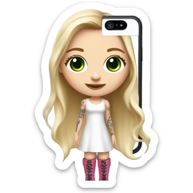 Realistic White girl with Long straight blonde hair, green eyes, tattoos, full body wearing white dress and pink knee-high leather boots, doing cute selfie pose sticker
