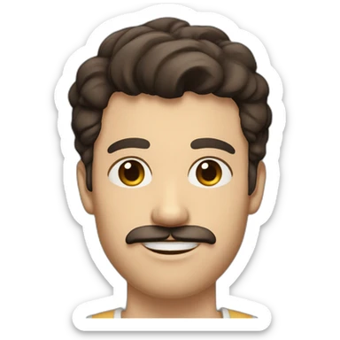 A young Caucasian man with dark brown, almond-shaped eyes, short dark brown hair, and a small dark brown beard with a more prominent mustache. sticker
