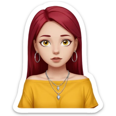 generate a pretty bratz girl in , dark brown eyes. Dark red hair straight long. wearing a yellow oversized tee falling off her shoulder, dainty silver necklace, silver hoops, septum piercings. big eyeliner sticker