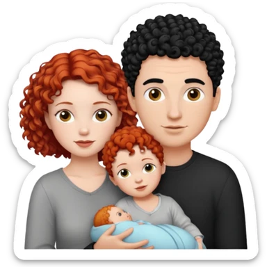Create a picture of a family of three: a white woman with short, curly red hair, a white man with black hair, and a white baby girl with curly black hair. sticker