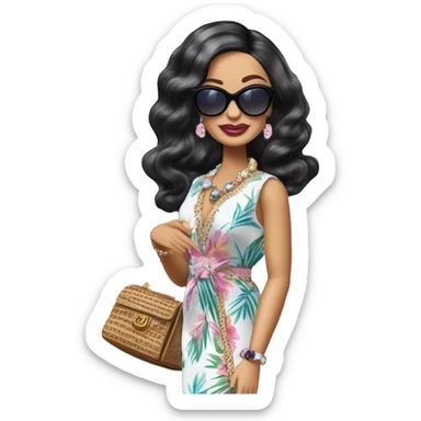 Palm Beach Breeze Barbie Wednesday Addams ,white skin, full body visible, wavy hair,handbag, earrings,floral caftan,small 2 piece, sunglasses,heels,holding yorkie Miss Thang sticker