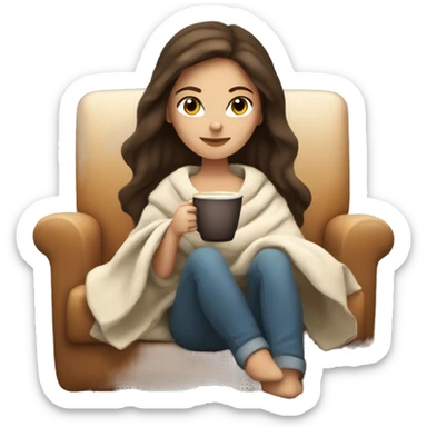 Brunette white girl covered in blanket autumn vibe sitting on a cozy chair holding coffee,  sticker