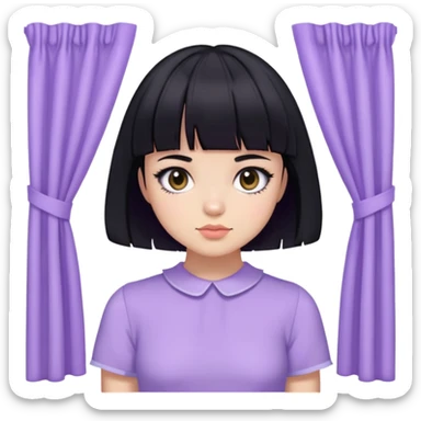 A girl with black short hair and curtain bangs wearing a lavender y2k outfit  sticker