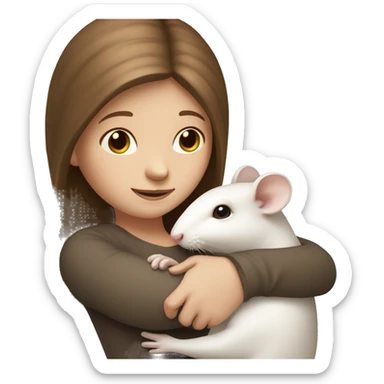 white girl with straight long brown hair hold and hug white rat sticker