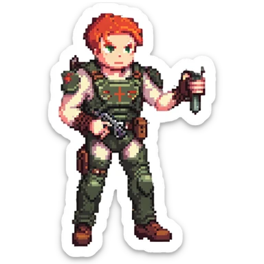 a SNES box art image of a man in military gear disarming a IED inside of a toolshed, dramatic single overhead lamp, he has red hair and a face like retro doomguy sticker