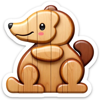 A wooden puzzle animal character with interlocking pieces and a happy expression sticker