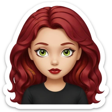 a pretty fair bratz girl with wavy dark red hair, wearing a black tee. eyeliner on, olive green eyes. Waist up sticker
