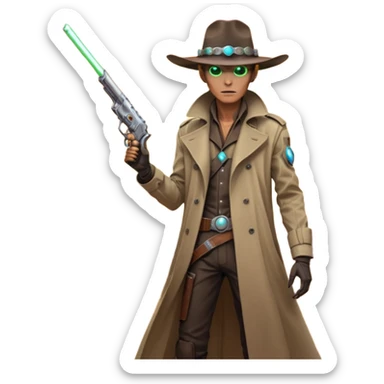 A tall alien cowboy standing in a dusty desert on an alien planet, wearing a futuristic cowboy hat and long trench coat, glowing eyes, twin plasma revolvers on his belt, dramatic sunset, cinematic lighting, ultra realistic, high detail, epic sci-fi western atmosphere

 sticker
