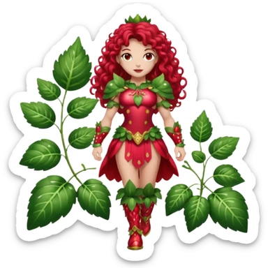 full body woman long curly brown hair brown eyes white skin tattoos muscular build dressed as strawberry spirit, glossy berry armor, leaf boots, confident pose sticker