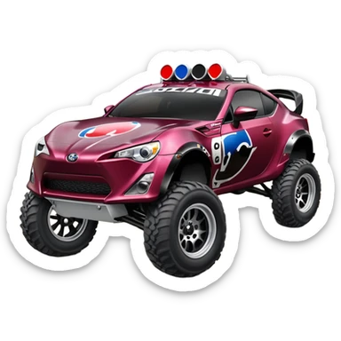 Distressed Extended wheelbase 2013 scion fr-s dark black cherry off road 4wd monster Baja dessert stadium racer number 86 with long travel suspension, shiny silver wheels, exaggerated black fender flares, made out of discarded Pepsi cans  sticker
