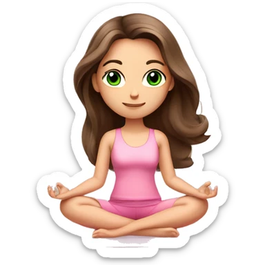 Brunette long hair and green eyes yoga beautiful girl in light pink pink pink clothes sitting on a yoga mat sticker