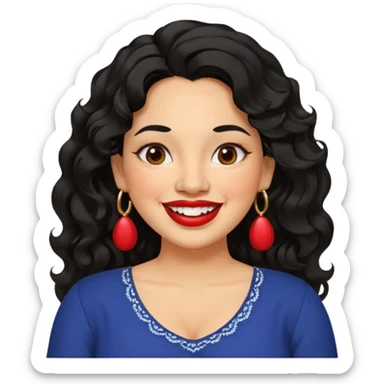 40 yr old Mexican woman, slightly chubby, wavy/curly long black hair, red lipstick, big smile, white teeth, brown eyes, hoop earings, side part to hair, round face, nice blouse, no wrinkle hair side swept, big hoop earing sticker