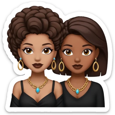 Boujy baddie best friends, trendy heavy makeup both dark hair one light skinned and one mocha brown pretty hair both wearing black and earrings and necklace one mocha brown skin sticker
