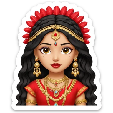 a pretty bratz fair indian girl wearing a red indian wedding outfit,  golden jewellery, black wavy hair sticker