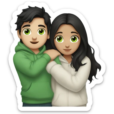 A black haired girl with green eyes who is approximately 5,2 with a black hoodie and pijamas hugging a blue eyed light brunette boy with freckles wearing pijamas and a white hoodie sticker