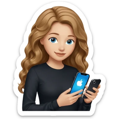 generate a pretty woman with blue eyes, light skin and medium brown long and really wavy shiny hair holding a phone she is looking at the phone while looking down at the screen. she is wearing an ALL black long sleeve. she is smiling sticker