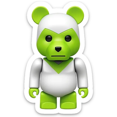 geometric bearbrick figurine with block-shaped head, lime green mask covering face except for prominent expressive eyebrows, iconic bear toy sticker