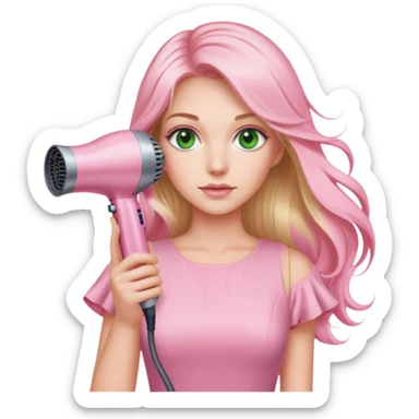 blonde woman, long hair, swamp green eyes, pink pastel dress, pink Dyson hair dryer in hand sticker