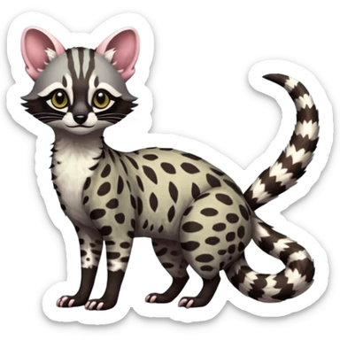 Feral Rare Fantasy shaded detailed vibrant colorful Genet-Trico-Civet-Cacomistle-Margay-species by LiLaiRa, with dark-blackish points, white belly, random markings, tufted tail, tufted ears, full body sticker