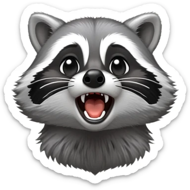 Cinematic-cute realistic- Yawning Raccoon-Portrait-Emoji – Poised and confident, wide-open yawn, revealing a soft grey with a sturdy build and a beautifully textured fur of silver-grey accented by dark black facial markings, deep-set, big black eyes, simplified yet sharp and sophisticated zoom out to show shoulders sticker