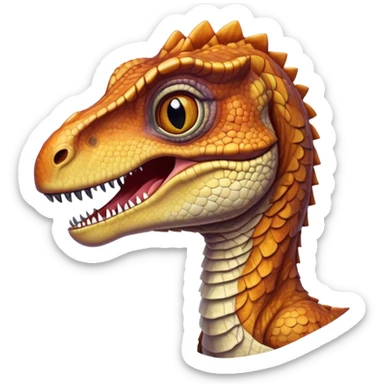 Cinematic Realistic Cute velociraptor/T-rex Portrait Emoji, Head tilted playfully and inquisitively, featuring a compact, slightly rounded build with intricately detailed, textured scales in natural hues and a surprisingly endearing face with bright, curious eyes, rendered with lifelike clarity and warm natural light, high shine, affectionate and quirky, styled with a touch of prehistoric whimsy, soft glowing outline, capturing the essence of a mischievous yet lovable velociraptor/T-rex that seems poised to stomp playfully into your arms! sticker