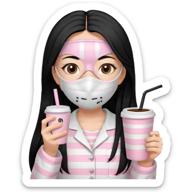 chica de pelo lacio color negro cabellera larga piyama blanca con rayas rosa claras peo no tan claras no oscuras el bordado es negro al igual que los botones )tiene una mascarilla para la carablanca y sostiene y cafe con bolitas nedras al dondo con unsorbete tranparente y es de test blanca  sticker