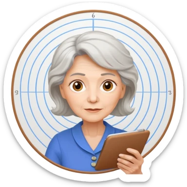 Older woman sketching in spiral pad, spiral pad to the camera sticker