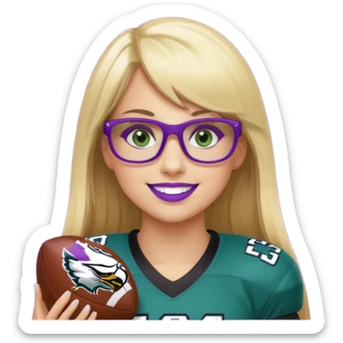 long blonde hair with straight bangs, wearing black rectangle glasses, female, green eyes football player wearing eagles uniform jersey number 33 holding football smiling purple lipstick sticker