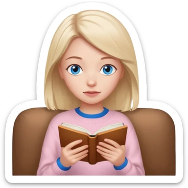 Pretty blue eyed white girl with light pink sweater reading cozy sticker