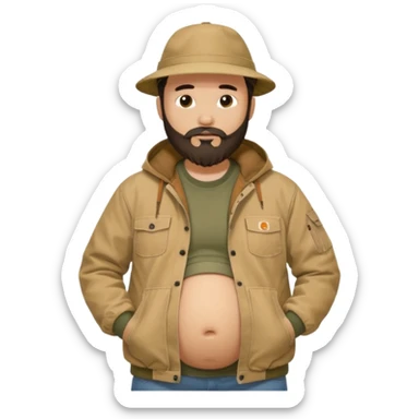 Bearded man rubbing pregnant belly poking out of shirt wearing a tan canvas carhartt jacket with  chinese hat on sticker