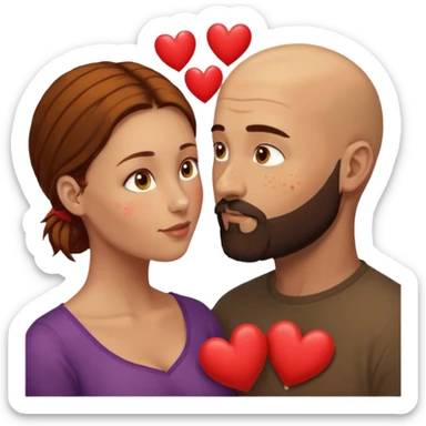 Couple. Bald man with dark brown-black beard. Woman with many small, faded, round freckles, white skin and she has auburn-yellow-brown-caramel-cinnamon dark hair. She has light yellow-brown eyes. He have hazel eyes. They look at each other. Many small red hearts around them. sticker