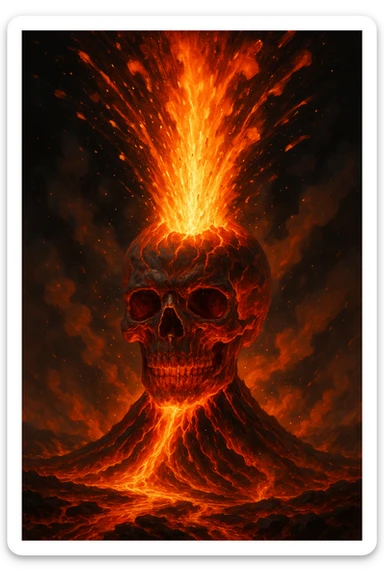 skull head volcano, explosive lava blast, fiery and powerful, intense volcanic eruption, dynamic lava explosion sticker