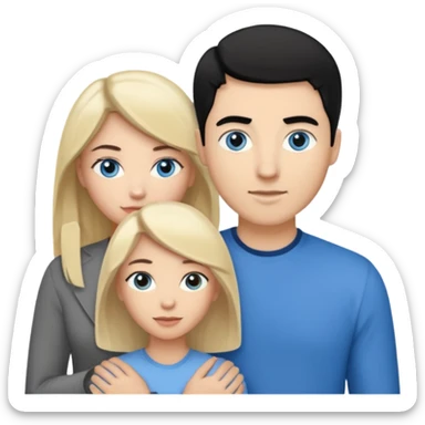 3 people. Throuple. Blank woman with blond hair and blue eye color on left. And also a blank man with black hair and grey eye color in the middle. And a blank woman with brown hair and grey eye color on the right. Holding each other sticker