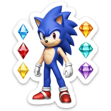 I want Sonic the hedgehog with the 7 chaos emeralds and the Goku aura transformation, where is the super Sonic aura Is a power 7 diamonds, red, blue, yellow, green, white, skyblue and purple, and Sonic changed color into yellow with the seven diamonds or chaos emeralds, and the spine is up sticker