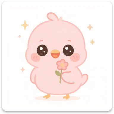 a cute pink chick, original design, big eyes, blushing cheeks, joyful, holding a tiny flower sticker