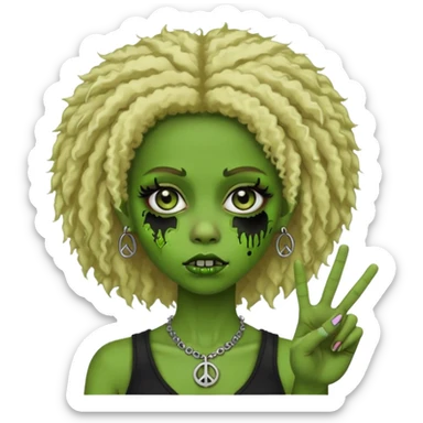 girl, green zombie,blonde afro, medium long, shaggy, dark, spooky,double eyebrow dermal piercing,peace sign sticker