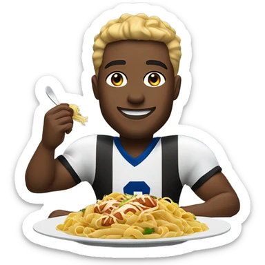 Create a football player eating pasta and chicken cutlets  sticker