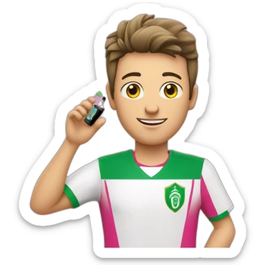A white young man wearing Algeria's pink football shirt who holds an electronic cigarette from which smoke comes out sticker
