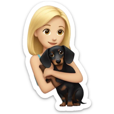 girl with half-blonde hair hugging a black dachshund sticker
