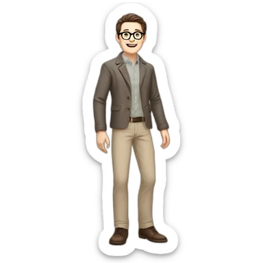Joyful Full height Pale skinned Fit Man With dark brown hair in gray classic jacket, beige office shirt, Brown pants and vintage glasses. Thrumbs of his palms are up sticker