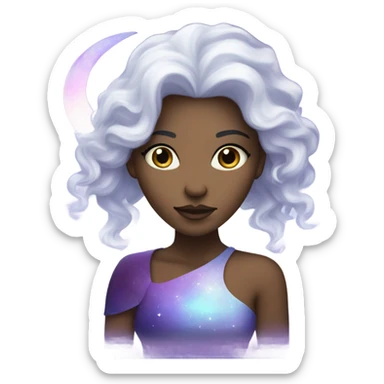 white mystical woman with mystical sparkling galaxy hair with moon and stars in purple and blue shades sticker