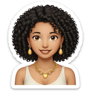 a young woman.She has voluminous, curly black hair that frames her face beautifully. Her skin tone is black light and glowing, and she has a subtle, natural makeup look. She’s smiling softly at the camera. She is wearing a white top sticker