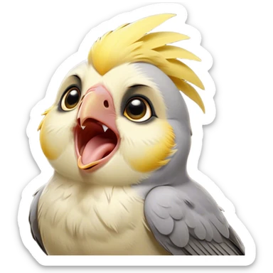Cinematic Cute Yawning Cockatiel Portrait Emoji, Head tilted slightly with a dramatic, wide-open yawn, showcasing a soft grey fur with subtle yellow accents and gently drooping crest feathers, round dark eyes barely open in drowsy contentment, Simplified yet irresistibly adorable features, highly detailed, glowing with a soft, cozy glow, high shine, relaxed yet expressive, stylized with a touch of whimsy, bright and endearing, soft glowing outline, capturing the essence of a sleepy yet affectionate cockatiel, so drowsy it feels like it could stretch out of the screen and curl up for a nap! sticker