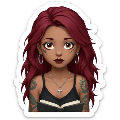 generate an ios genmoji of a dusky girl with long dark red messy hair with eyeliner on her eyes. septum piercing, wearing a cami black top, has tattoos, on shoulders. ear piercings. wearing a cross silver necklace. carrying a lot of sketchbooks sticker