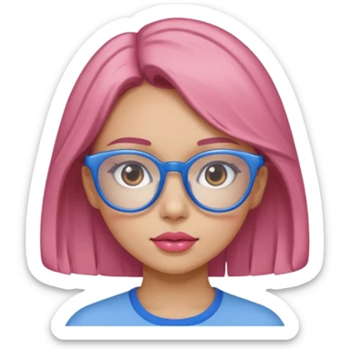 A girl with peach skin, brown eyes, blue glasses, pink lips, and light brown hair. sticker