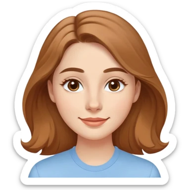 Young adult woman with oval delicate face, soft features, fine jawline, bright friendly smile, large expressive light brown almond eyes, medium arched eyebrows, proportional nose, defined lips, long light brown hair with gentle waves, wearing a casual feminine-cut light blue shirt sticker