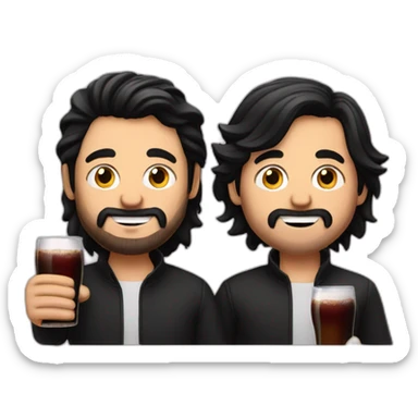 two men, one with long black hair and the other man with short blonde hair, no facial hair, holding a bottle of fernet sticker
