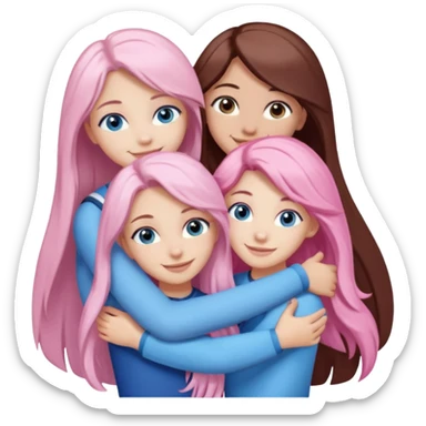 four white grips hugging and smiling    2 girls with brown eyes and long dark brown hair. One girl with long light pink hair and blue eyes, one girl with blue eyes and light blonde hair sticker