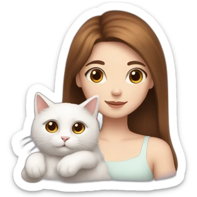 A girl with brown straight hair and a white fluffy cat lying in her arms with eyes of different colors sticker
